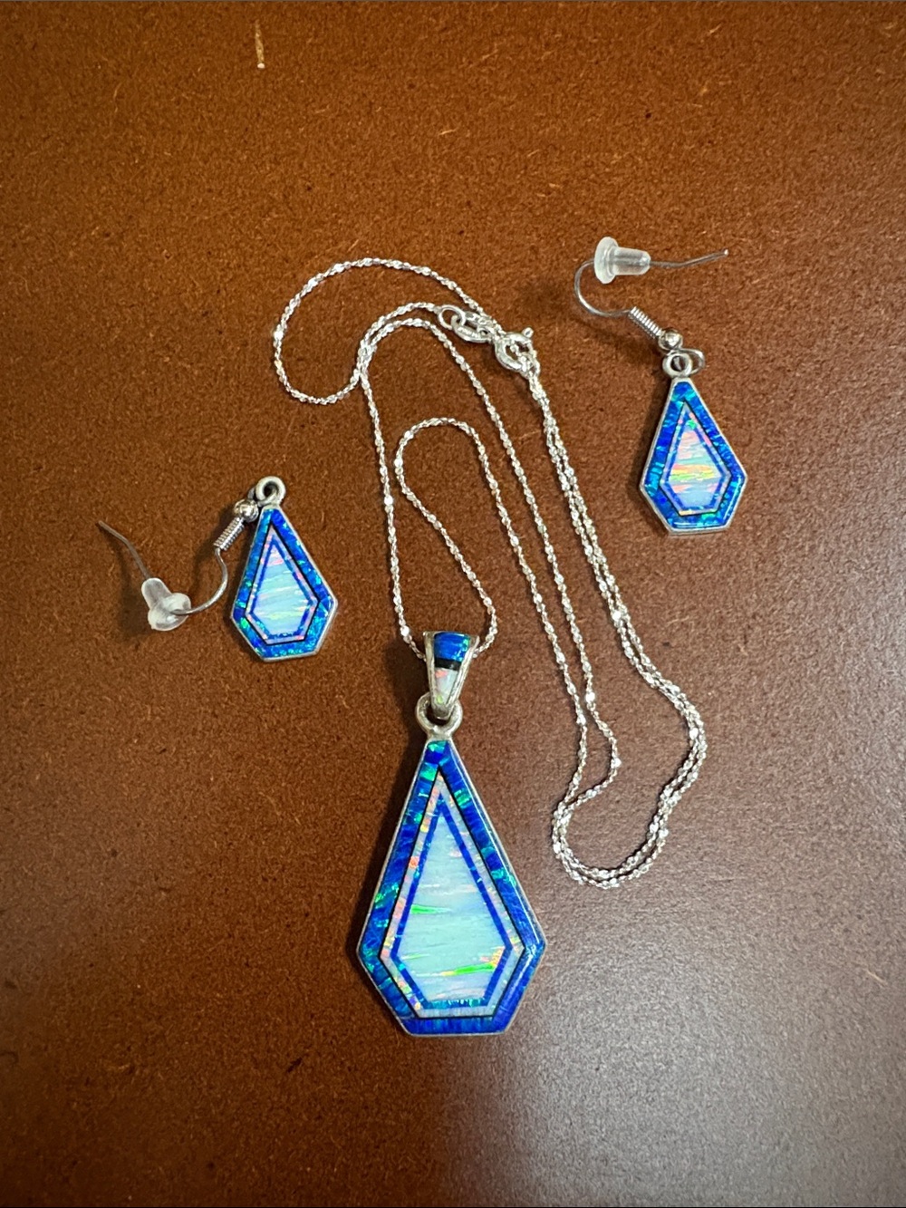 Blue Opal Sterling Teardrop Pendant Necklace and Earrings Set